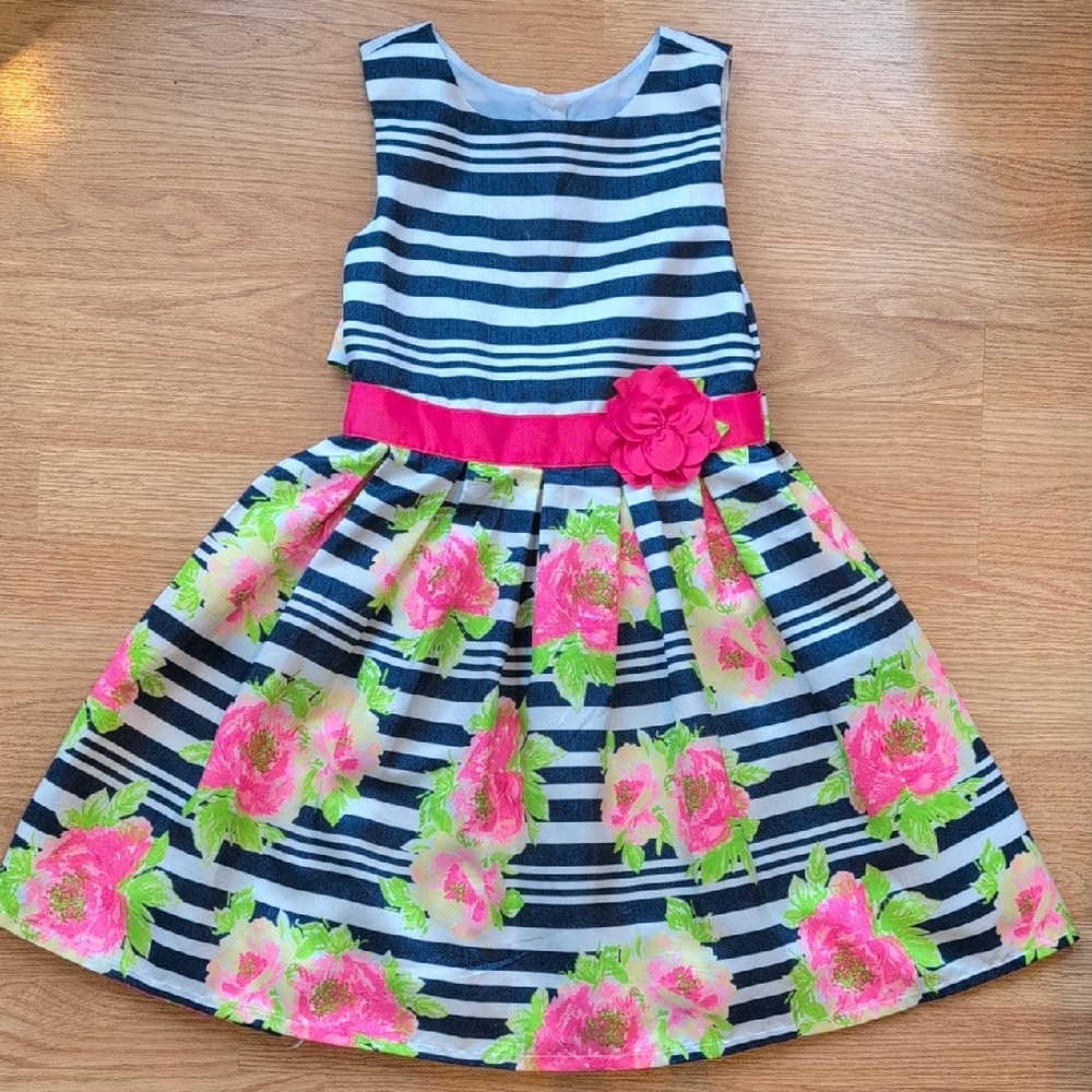 Jona Michelle Striped Navy and Pink Floral Dress